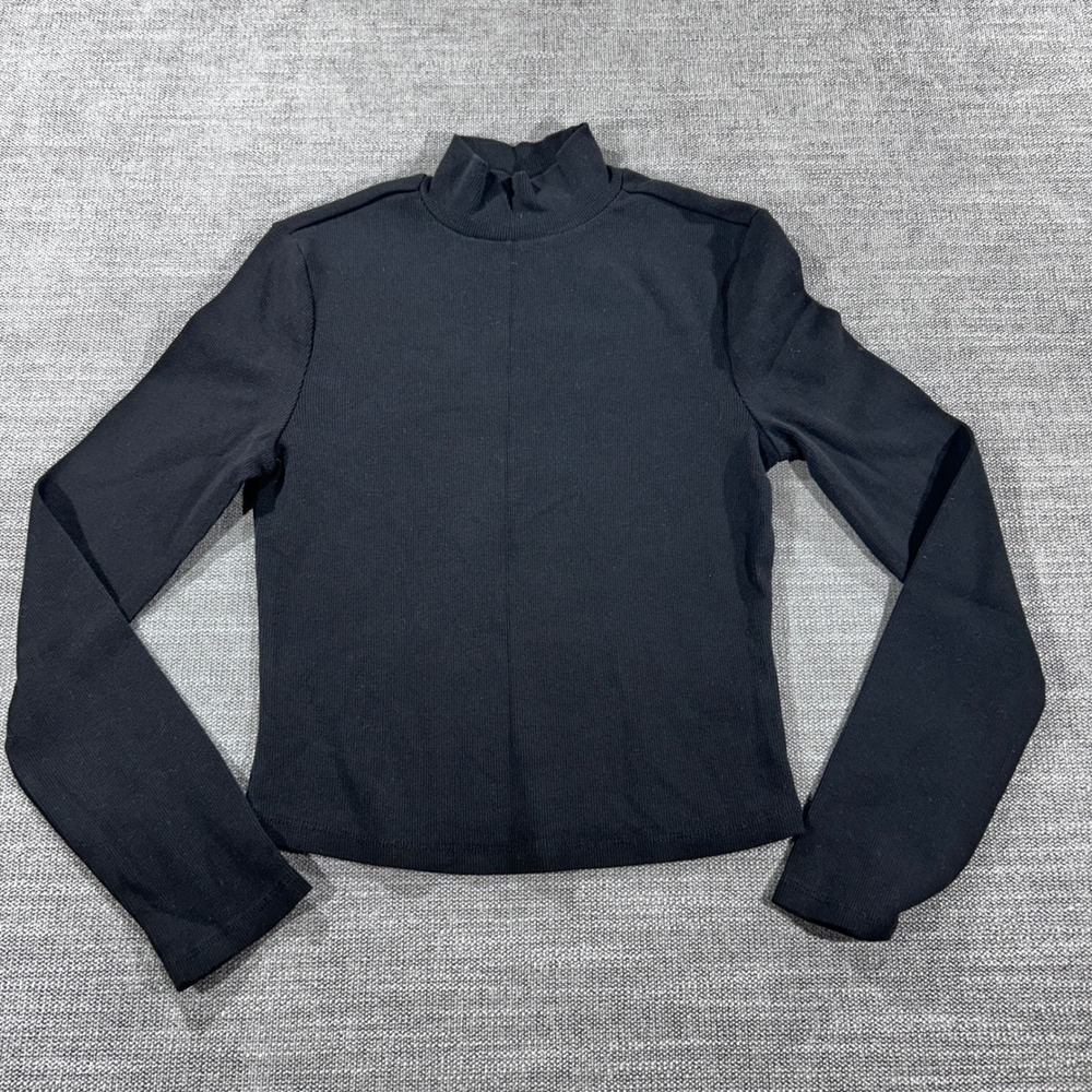 Gap Mock Neck Top Womens Small Black‎ Excellent Ribbed Long Sleeve Seam Detail